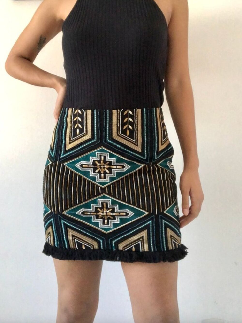 H&M | Colorful Geometric Beaded and Embroidered Fringe Mini Skirt Sz 6